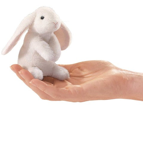 Lop Ear Rabbit Finger Puppet shown on hand, soft plush toy perfect for children ages 3 and up, 3.5 inches long.