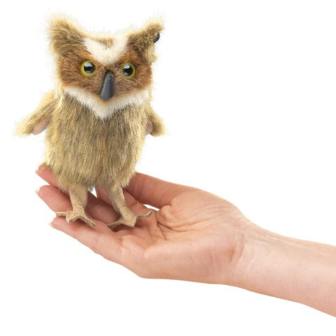 Great Horned Owl Finger Puppet perched on a hand, soft detailed owl with large eyes for kids ages 3 and up.