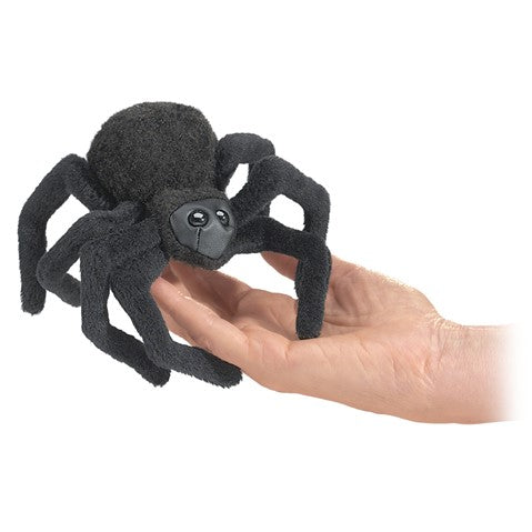Mini Spider Finger Puppet in black with soft legs and beady eyes, perfect for playful and friendly fun on your finger.