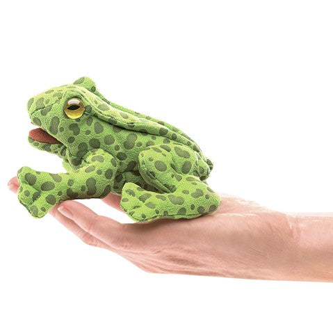 Frog Finger Puppet featured on a hand, vibrant green with dark spots, perfect for children's imaginative play.