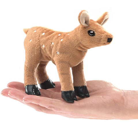 Fawn Finger Puppet shown resting on a hand, soft brown plush with white spots and black hooves.
