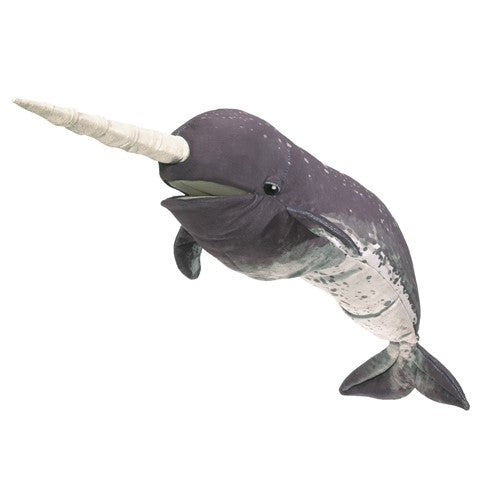 Narwhal Puppet with spiral tusk and soft mottle-patterned skin, perfect for imaginative play and storytelling.