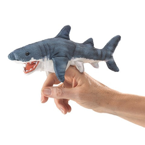 Hand holding an 8-inch long Shark Finger Puppet with gray and white colors and an open mouth.