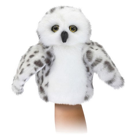 Snowy Owl Little Hand puppet with soft white and gray fur, perfect for small hands and imaginative play.