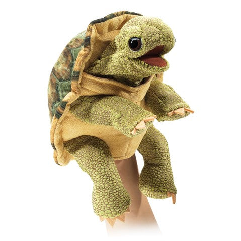 Tortoise Puppet with movable mouth and forelegs, textured shell, and expressive face for playful storytelling.