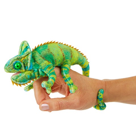 Chameleon Finger Puppet on a hand, showing bright green and orange colors with a coiled tail.