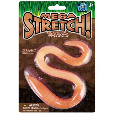 Mega Stretch Worm toy in packaging, large stretchable worm for kids ages 3 and up, playful stretchy toy.
