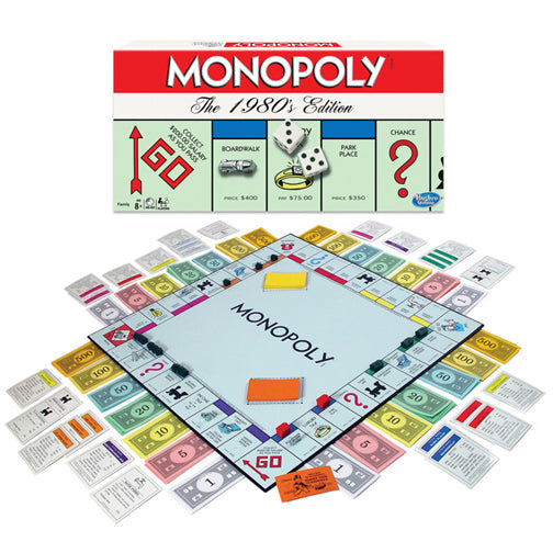 Monopoly The 1980's Edition board game with money, cards, houses, hotels, and dice ready for 2 to 8 players.
