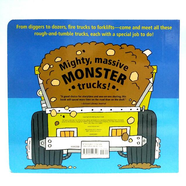 Back cover of Monster Trucks book showing a massive dump truck filled with dirt and playful text for toddlers.