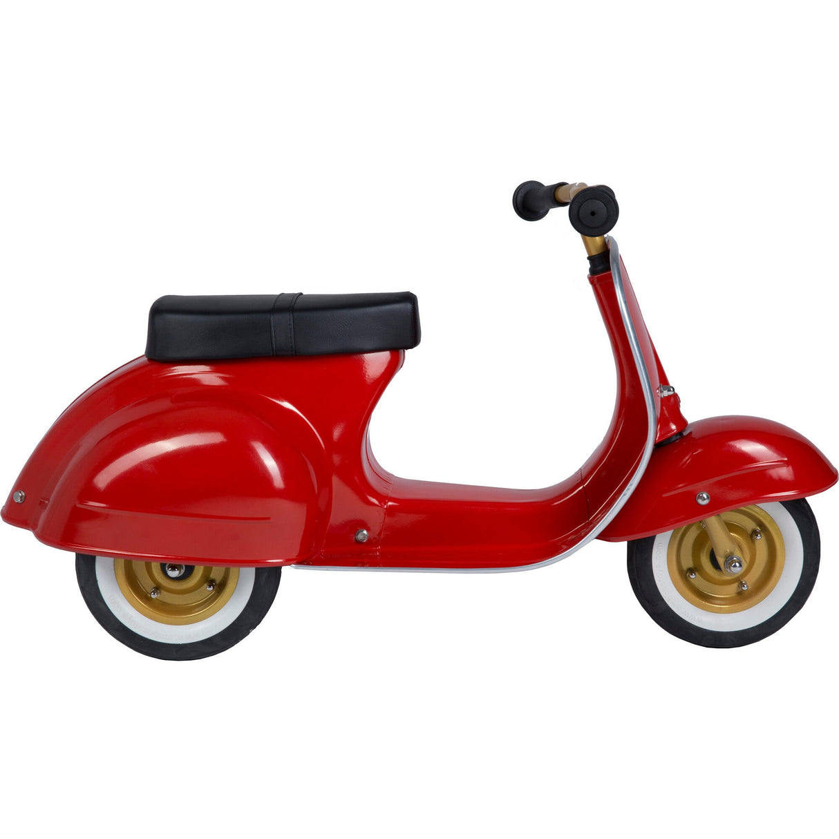 Primo Ride On Red toddler scooter with durable metal frame, black seat, whitewall tires, and vintage-inspired design for ages 1-5.