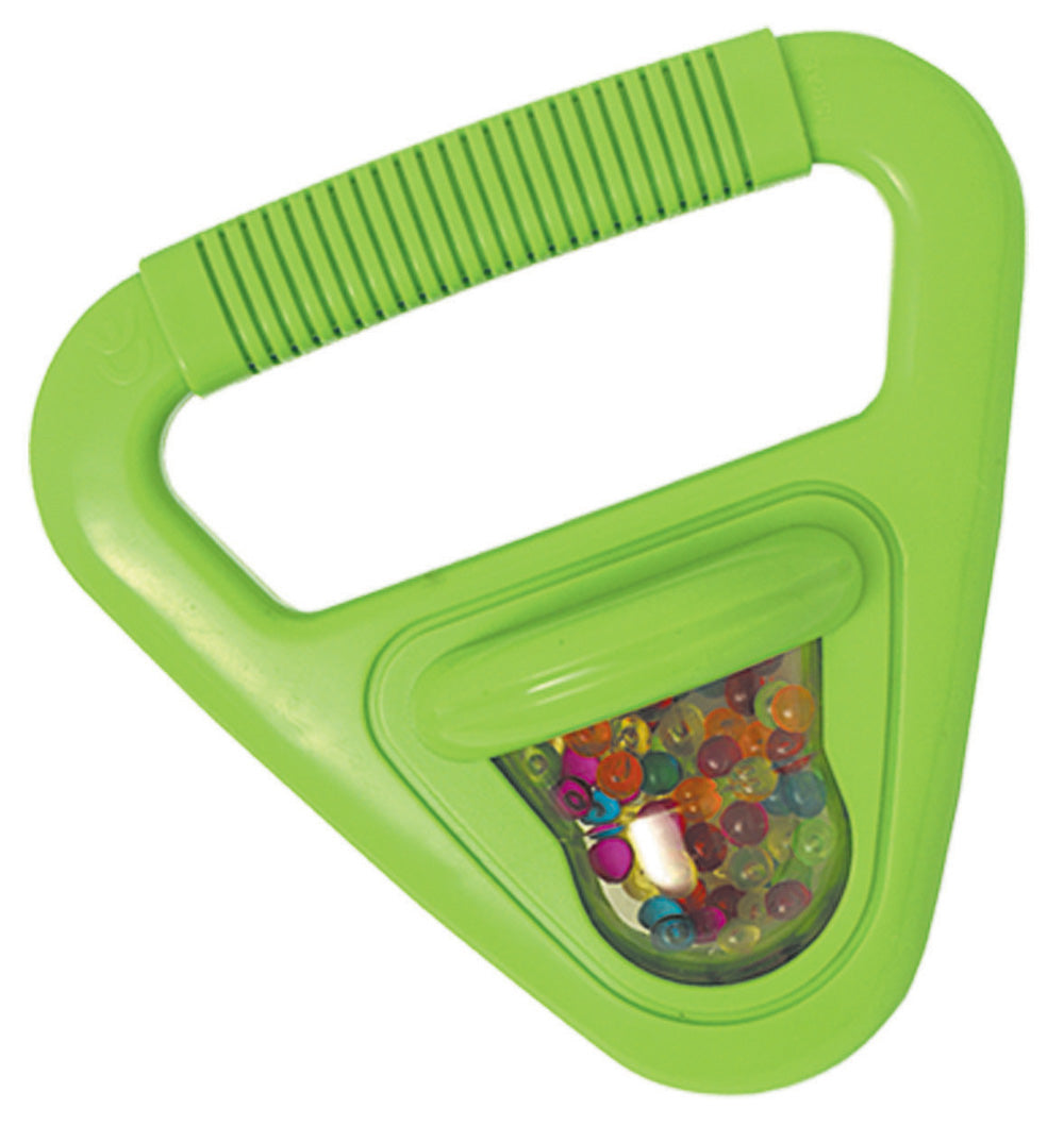 Green triangular musical shape with colorful beads inside and textured handle, part of the Musical Shape collection.