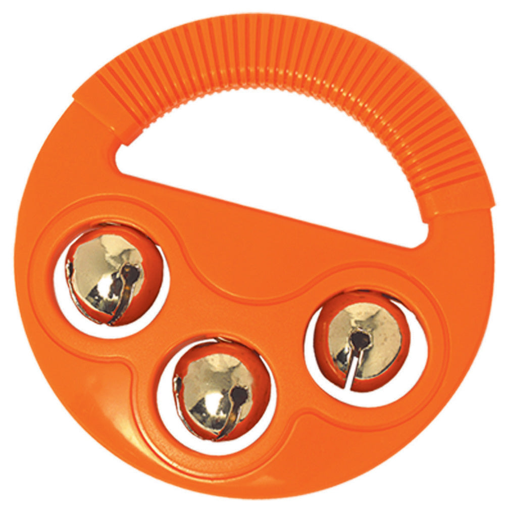 Bright orange circular musical shape with three metallic jingle bells and a textured handle, Musical Shape product.