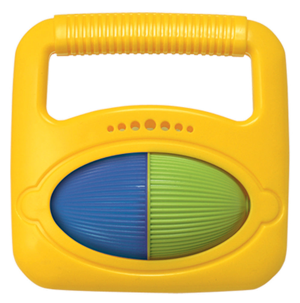 Musical Shape toy with yellow handle and blue and green textured halves for easy music play by young children.