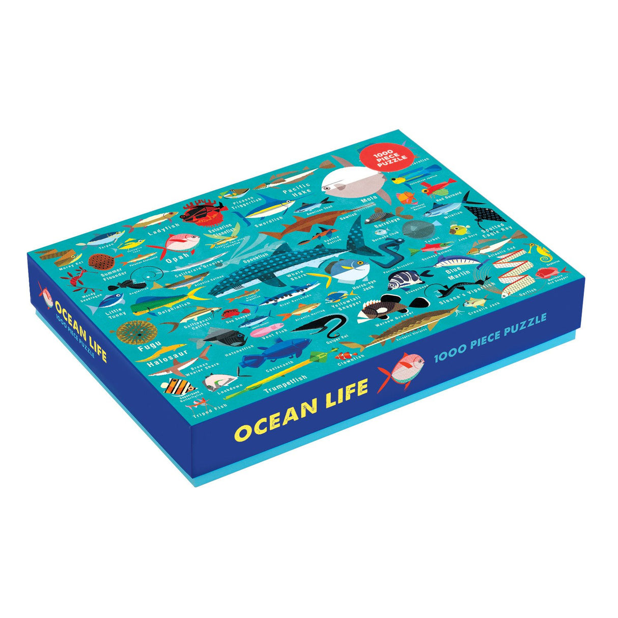 1000pc Ocean Life Puzzle box featuring colorful fish illustrations for an educational and fun family activity.