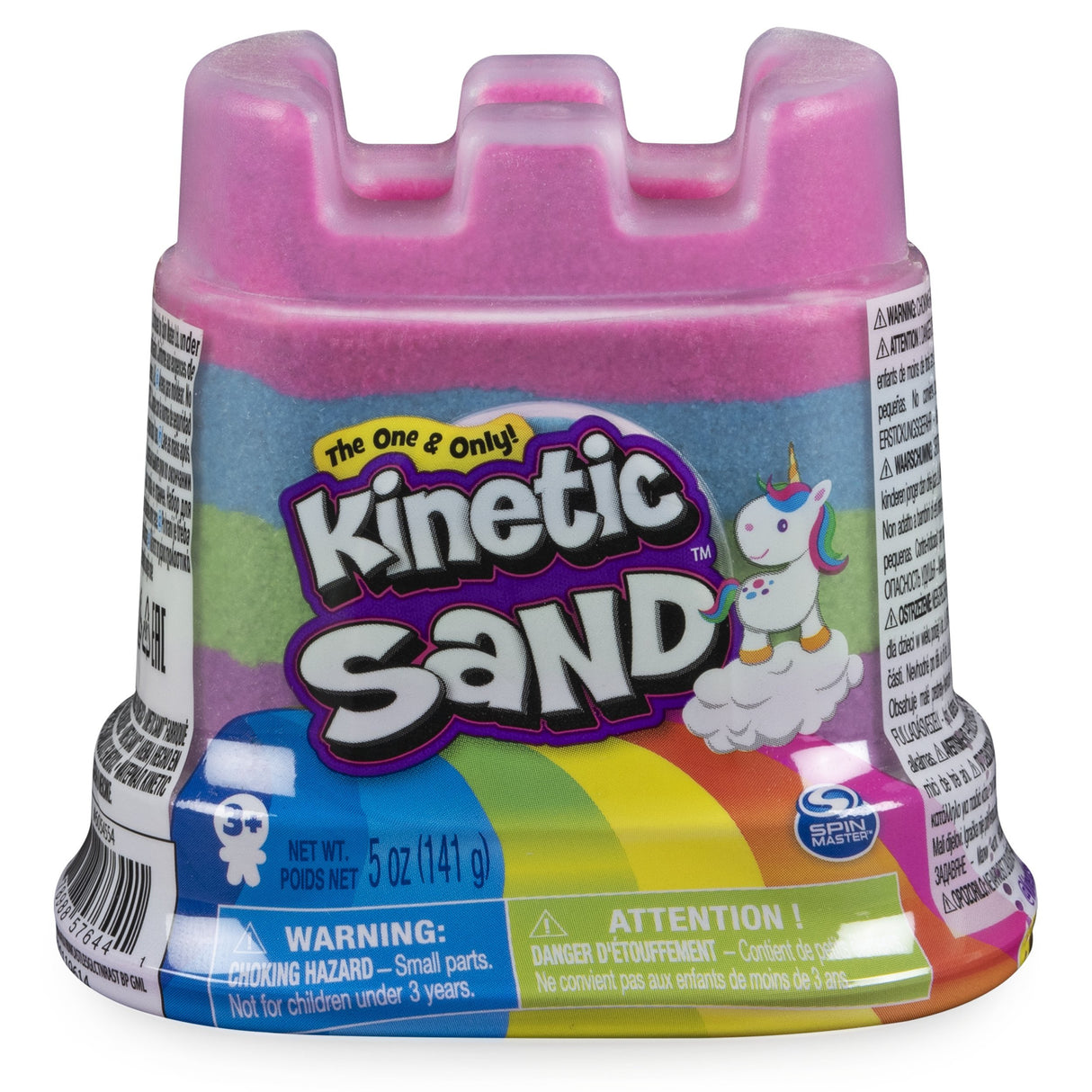 Kinetic Sand Rainbow Unicorn 5oz container with layered pink, blue, green, and purple moldable sand.