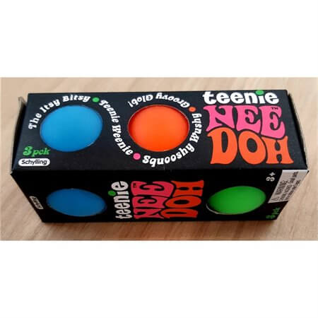 NeeDoh Teenie 3pk showing three small colorful fidget balls in blue, orange, and green in a black box.