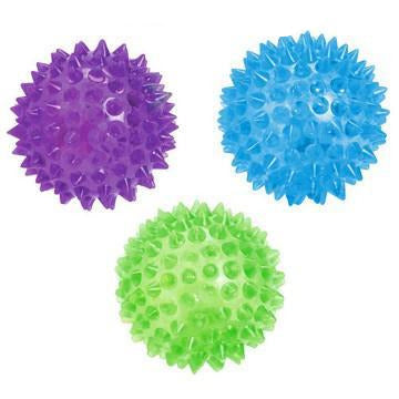 Spikey LightUp Ball trio in purple, blue, and green with textured spikes, perfect for fun and flashing when bounced.