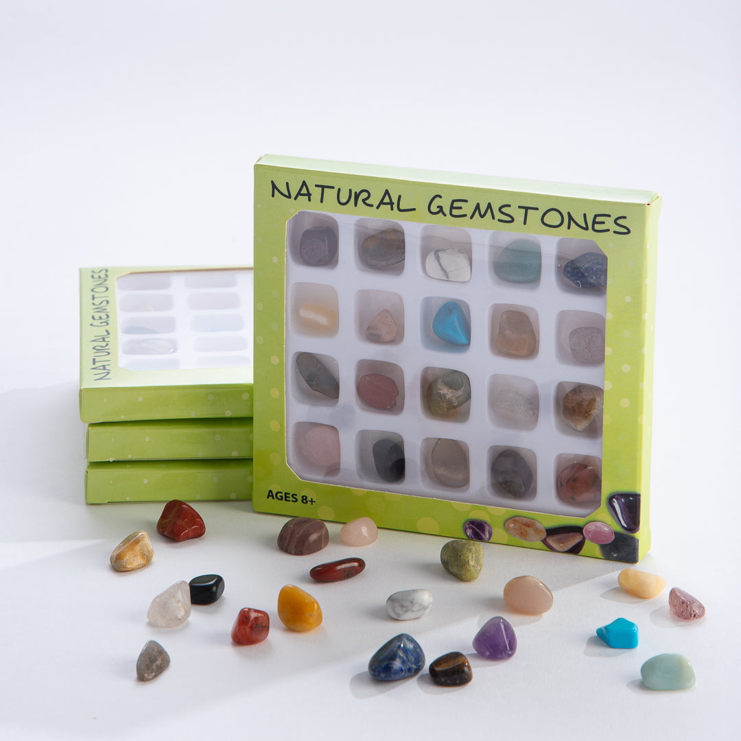 Gemstones Rock Kit featuring 20 polished natural gemstones in a green display box for beginner collectors ages 8 and up.