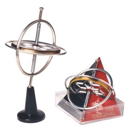 Metal gyroscope toy with black base and packaging, showcasing The Original Gyroscope for ages 8 and up.