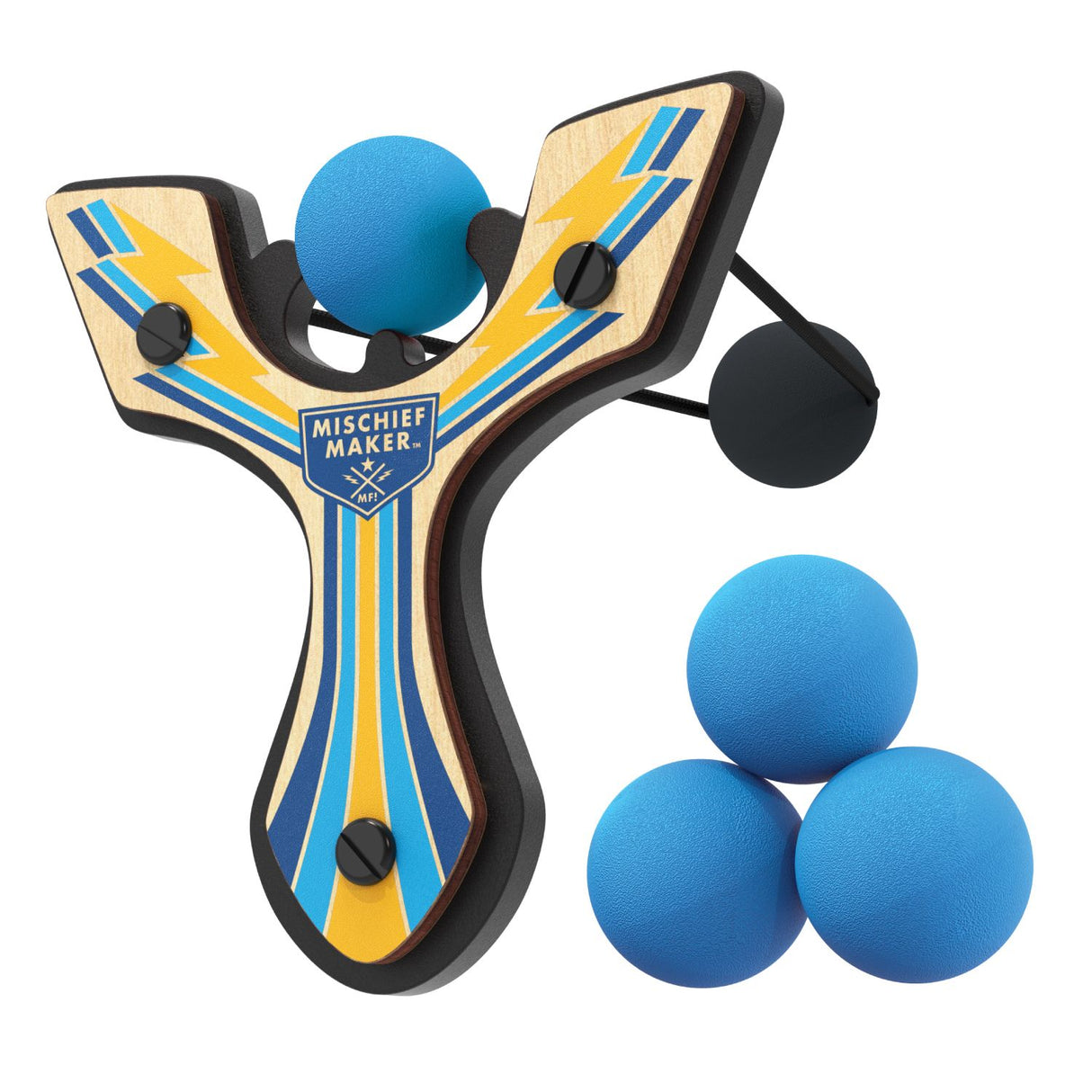 Slingshot Blue Lightning with blue foam balls, handmade wood toy designed for safe, soft foam ball shooting fun.