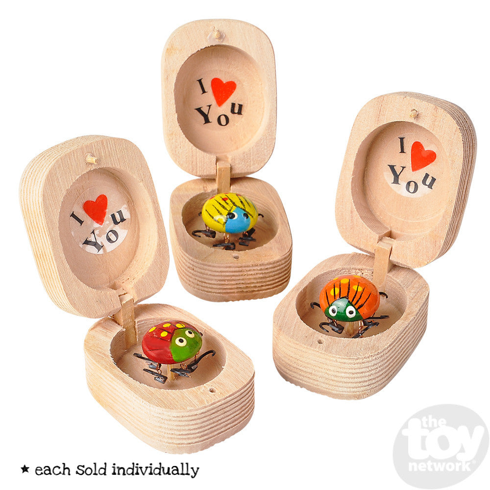 Bug in Box wooden gift with assorted colorful bugs and "I love you" message inside, perfect for insect lovers.