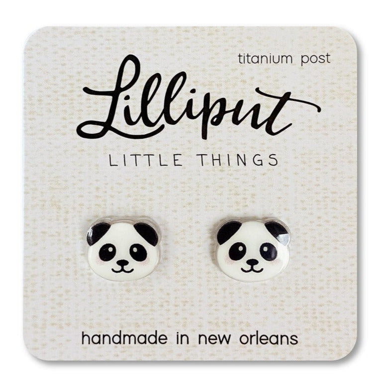 Panda Earrings featuring cute panda faces with titanium posts, hypoallergenic and handmade in New Orleans.