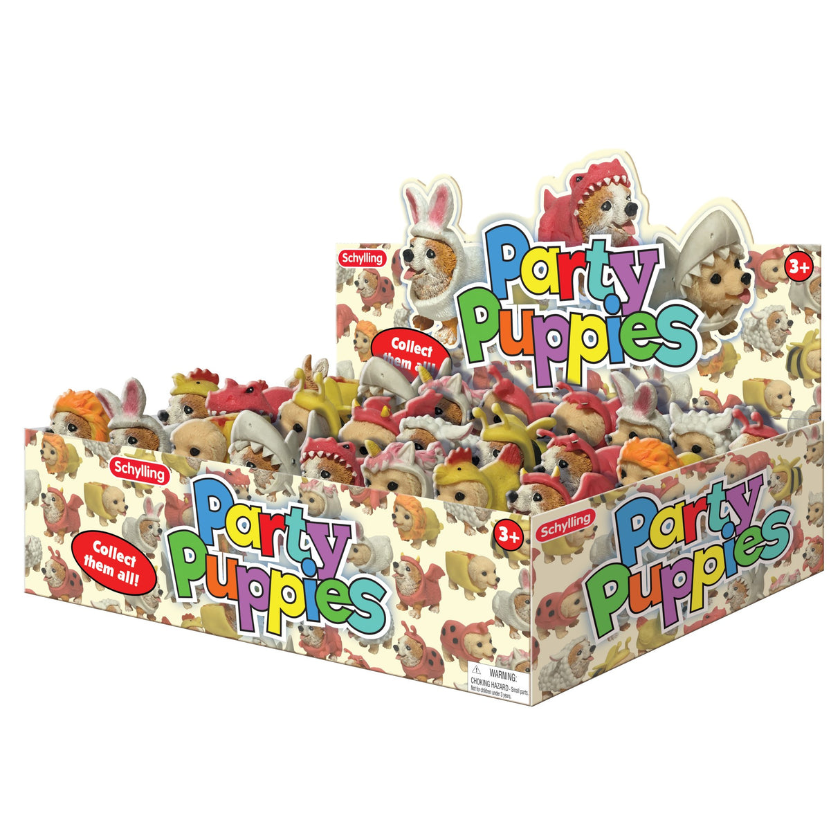 Party Puppy assorted squishy puppies in individual costumes displayed in a colorful open box for ages 3 and up.