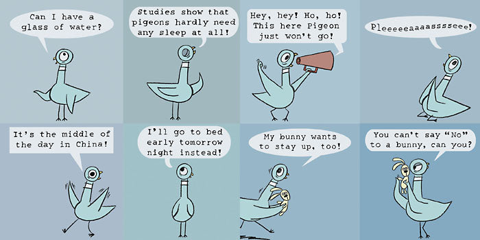 Eight-panel cartoon of a pigeon making bedtime excuses in "Don't Let the Pigeon Stay Up Late" book.