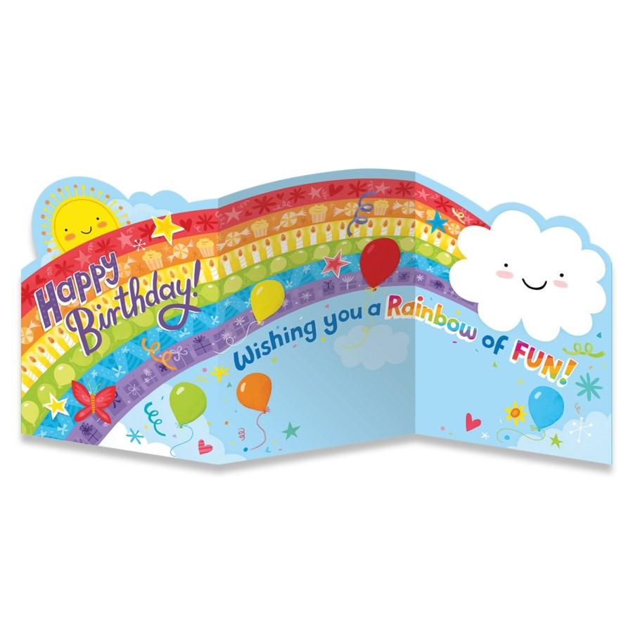 Rainbow Tri-Fold Card with cheerful rainbow, balloons, sun, and cloud, saying "Wishing you a rainbow of fun!" birthday greeting.