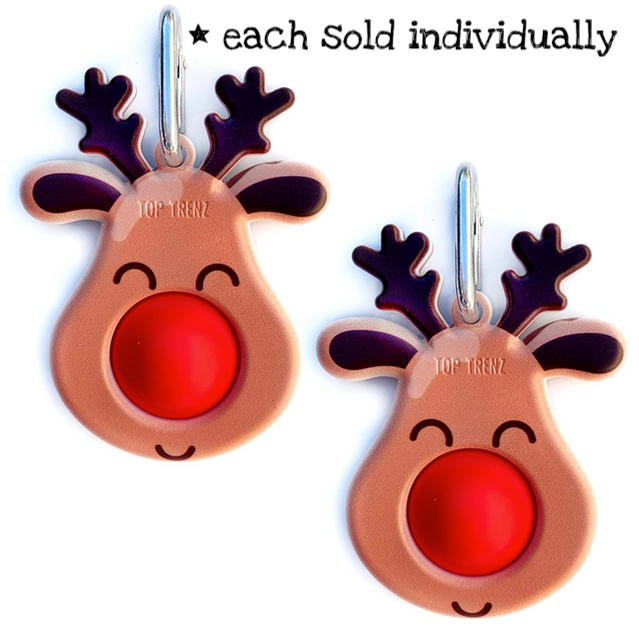 OMG Mega Pop Reindeer keychain with soft silicone bubble pop fidget toy, smiling reindeer design, sold individually.