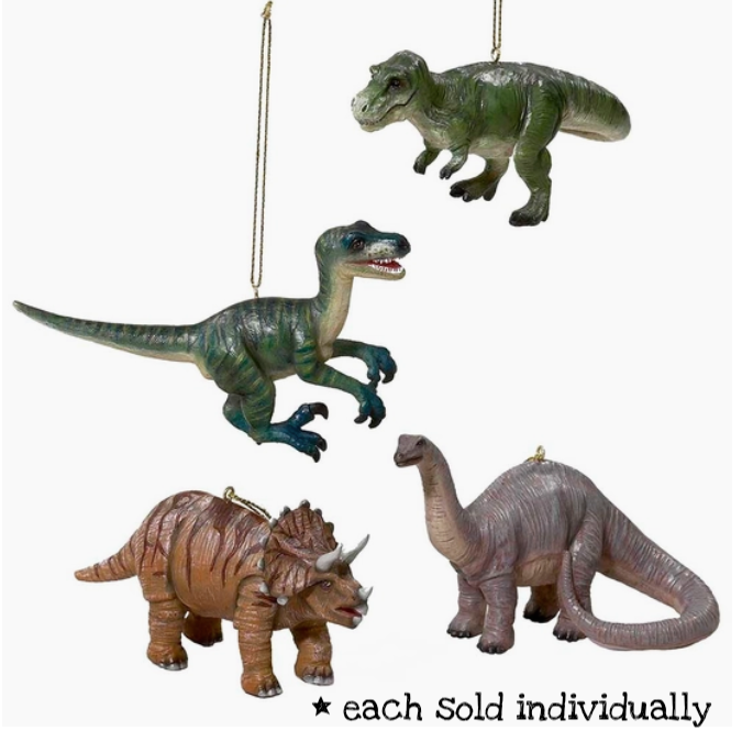 Dinosaur Ornament showing detailed resin 3 inch collectible dinosaur figurines for tree decoration, sold individually.