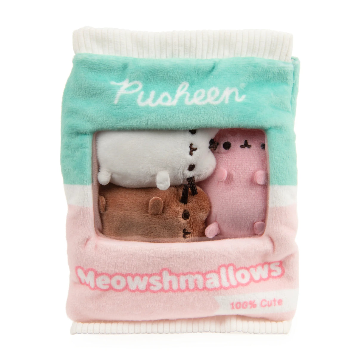 Pusheen Meowshmallows plush bag with three soft miniature Pusheen plush toys in pastel colors and a clear display window.