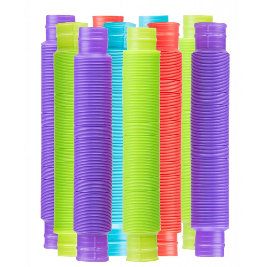 Colorful Pop Tube toys arranged in rows, designed for fun and fidgeting, available in solid colors and glow styles.