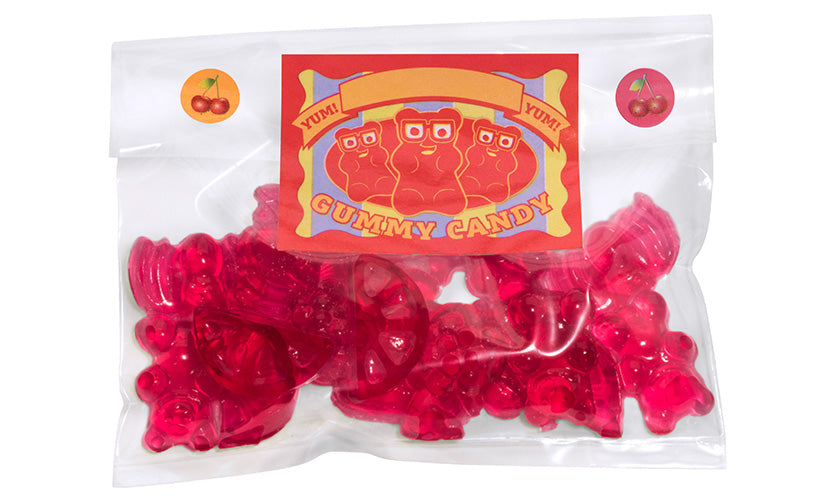 Gummy Candy Lab showing red cherry-flavored gummy candies molded in fun shapes inside a clear resealable bag.