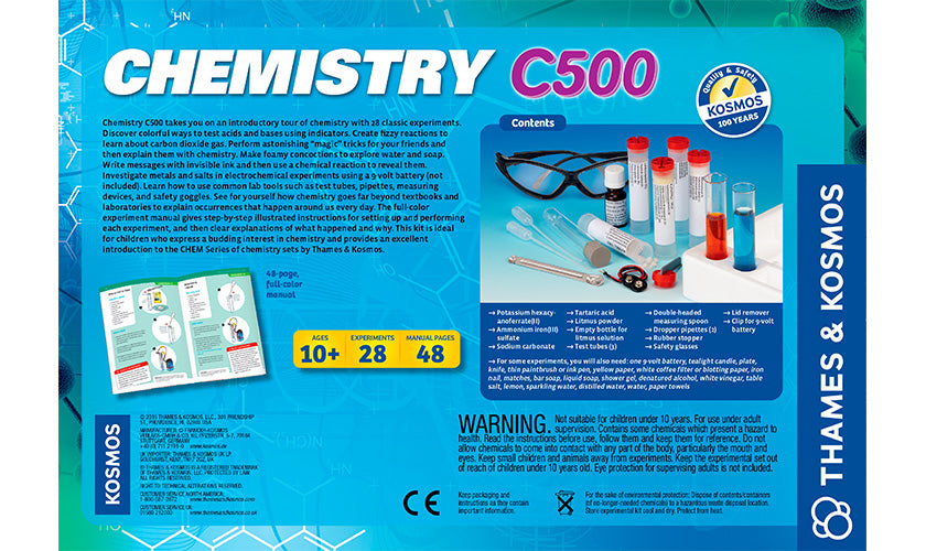 Chemistry 500 kit with colorful test tubes and equipment for 28 beginner science experiments, ages 10+ learning chemistry basics.