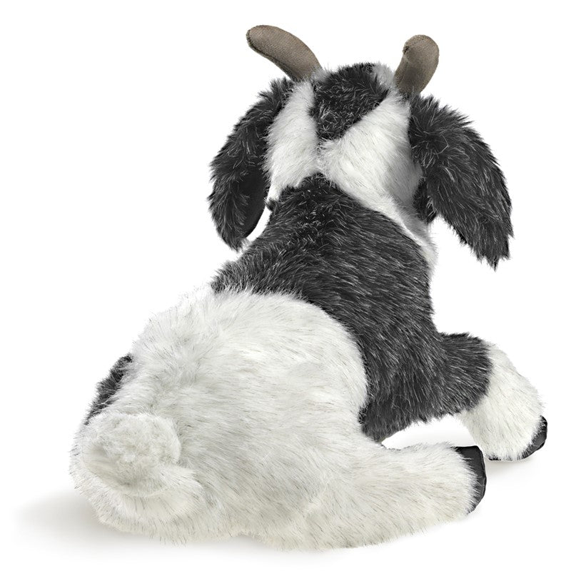 Goat Puppet stuffed animal with soft salt-and-pepper fur, floppy ears, and weighted hooves for realistic play.