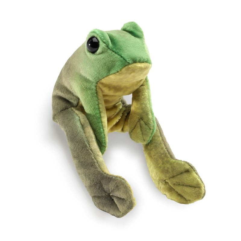 Sitting Frog Finger Puppet plush toy in green and yellow, perfect for imaginative play and storytelling.