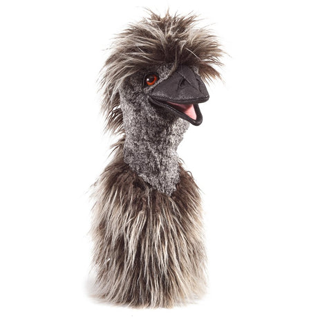 Emu Stage Puppet with wild two-toned plush head, movable beak, and friendly oval eyes for playful arm fun.