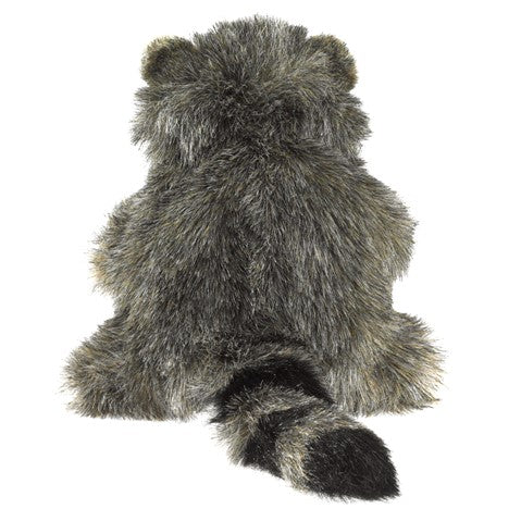 Baby Raccoon Puppet shown from the back with soft gray fur and distinctive ringed tail, 10 inches long.