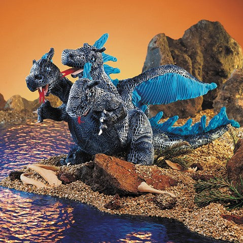 Three-Headed Dragon Puppet with textured blue scales and three animated heads, perfect for imaginative play and storytelling.