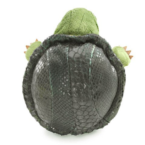 Turtle Little Hand Puppet shown from top, featuring textured shell and soft green body for kids aged 3 and up.