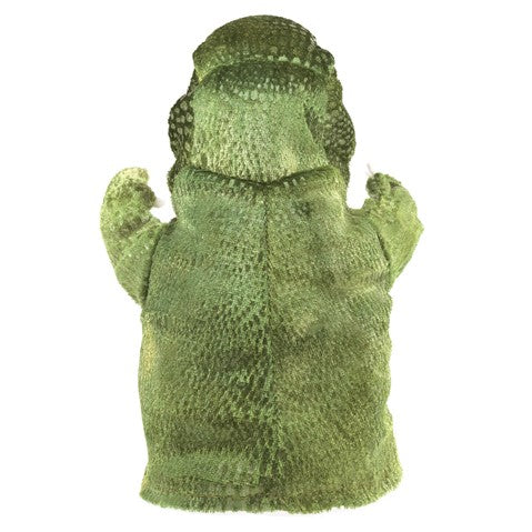 T-Rex Little Hand Puppet green dinosaur with textured scales, movable mouth and arms, perfect for kids ages 3 and up.