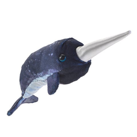 Narwhal Finger Puppet soft plush toy with a distinctive tusk, perfect for imaginative ocean play for ages 3 and up.