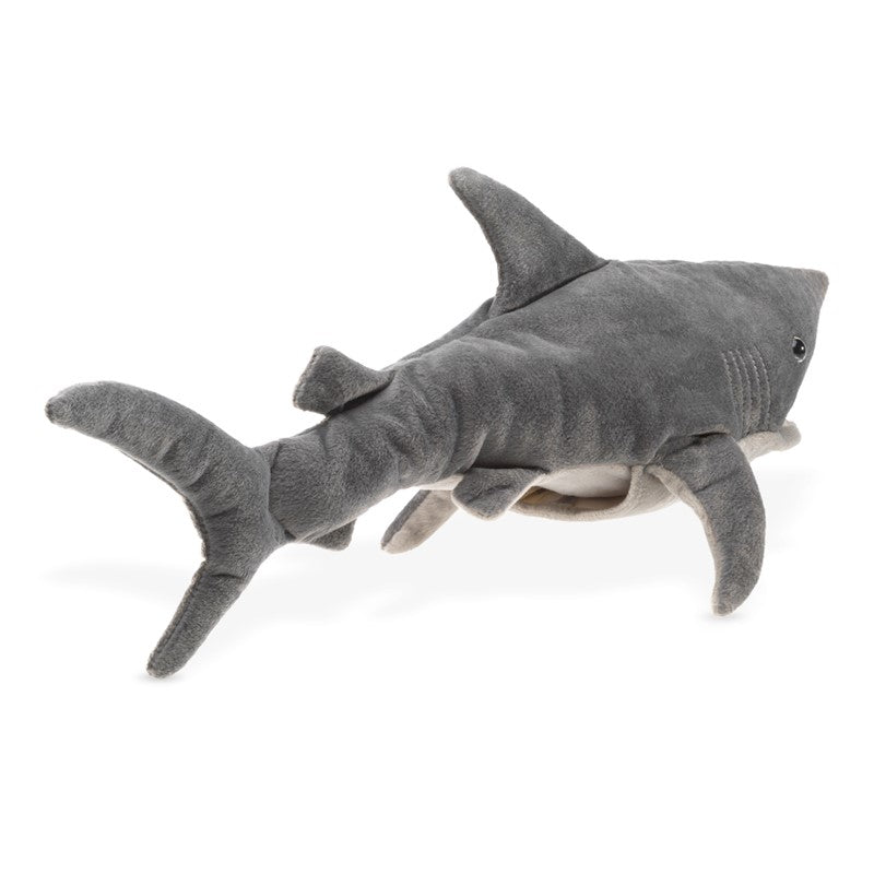Soft velour Shark Puppet with vinyl teeth, 22 inches long, a friendly and cuddly predator toy for kids ages 3 and up.