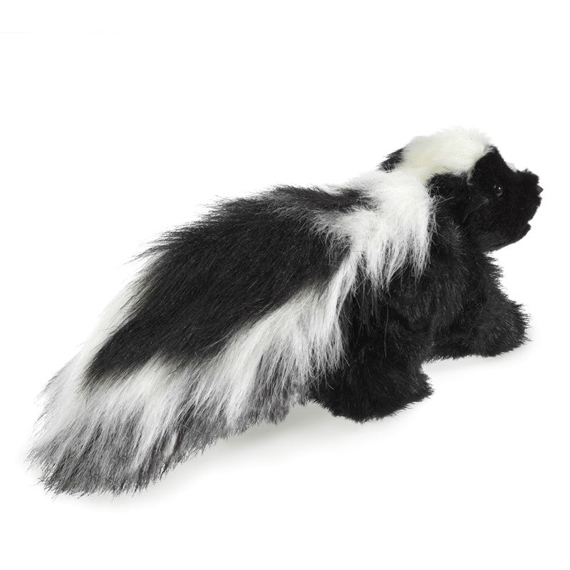 Skunk Puppet with long black fur and white stripes, featuring a movable mouth and tail, 14 inches long.