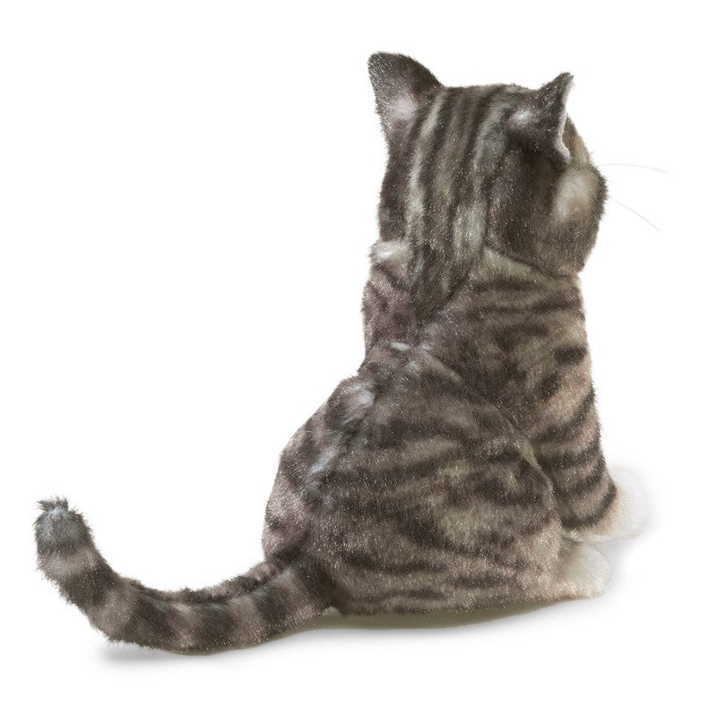 Tabby Cat Finger Puppet showing detailed stripes and soft fur in a friendly, lifelike design for imaginative play.