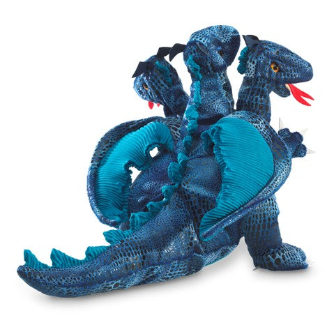 Three-Headed Dragon Puppet in blue with textured scales and three heads, designed for hand animation and imaginative play.