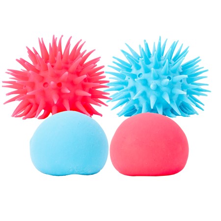 Two Neon Inside-Out Balls showing the soft round form and the spiky form in assorted neon colors.