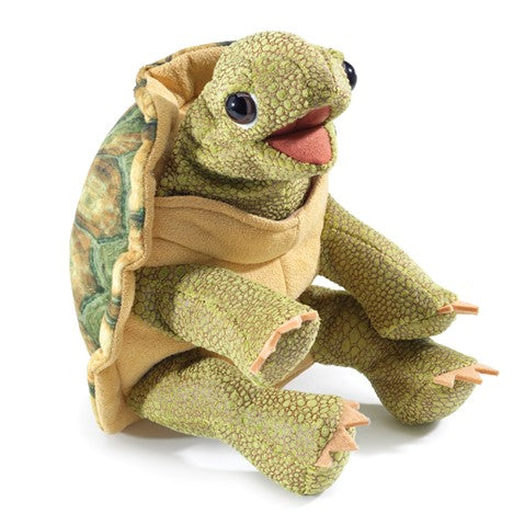 Tortoise Puppet with movable mouth and forelegs, featuring a stylish printed shell and expressive, friendly face.