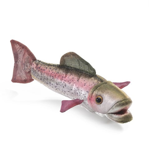 Rainbow Trout finger puppet with realistic shimmery skin and flowy fins, perfect for imaginative play for ages 3 and up.